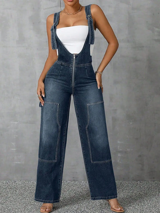 Zip Front Wide Strap Denim Overalls Medium - Fashorio