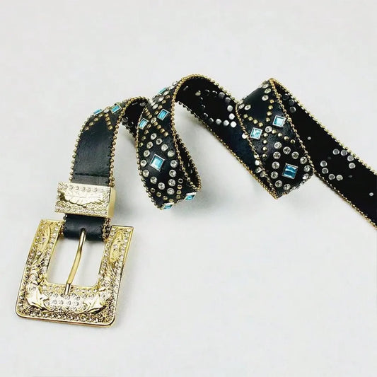 Rhinestone PU Leather Belt Black - Fashorio