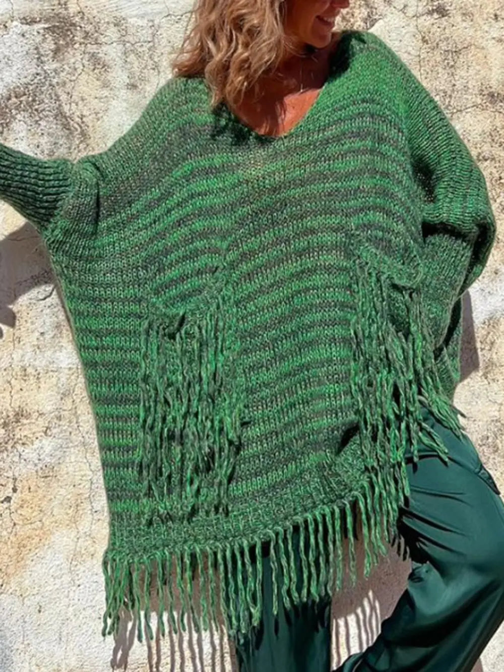 Fringe Detail Long Sleeve Sweater with Pockets - Fashorio