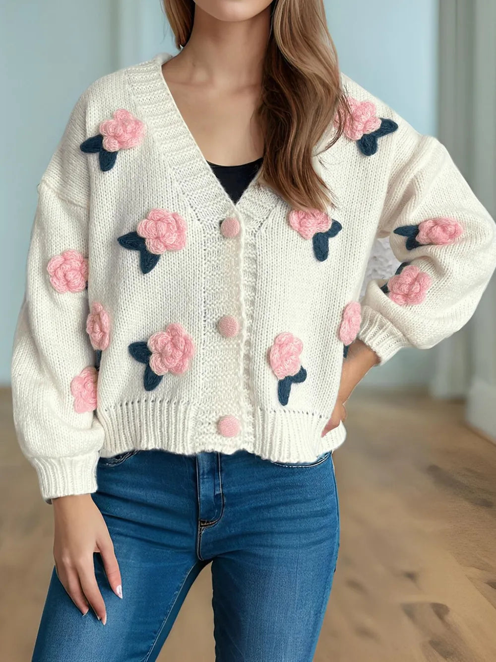 Flower Button Down V-Neck Long Sleeve Cardigan Blush Pink One Size - Fashorio