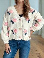 Flower Button Down V-Neck Long Sleeve Cardigan Blush Pink One Size - Fashorio