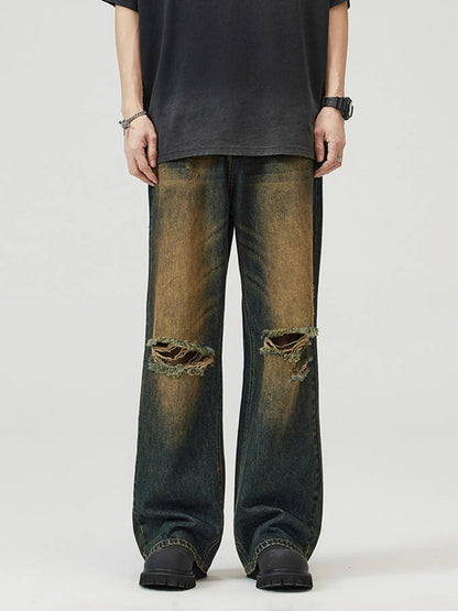 Men's Full Size Washed Distressed Wide Leg Jeans Plus Size - Fashorio