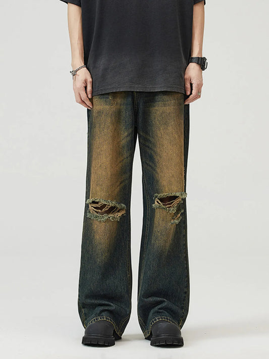 Men's Full Size Washed Distressed Wide Leg Jeans Plus Size - Fashorio