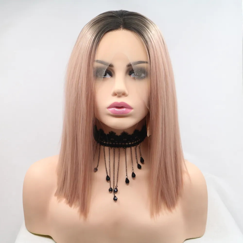 Mid length straight black and pink lace front wig front view