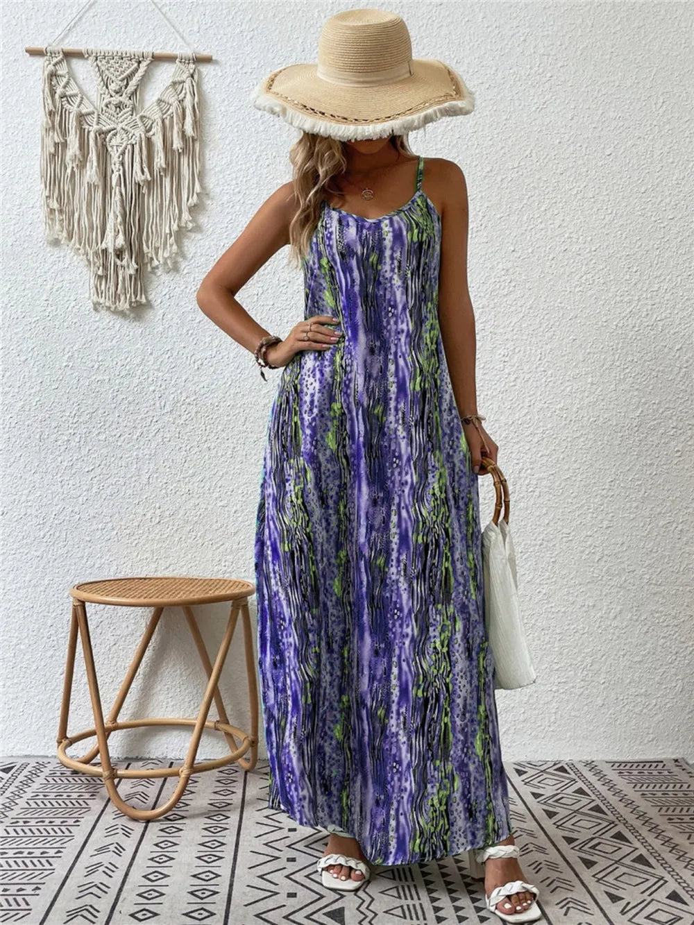 Printed scoop neck maxi cami dress sleeve detail