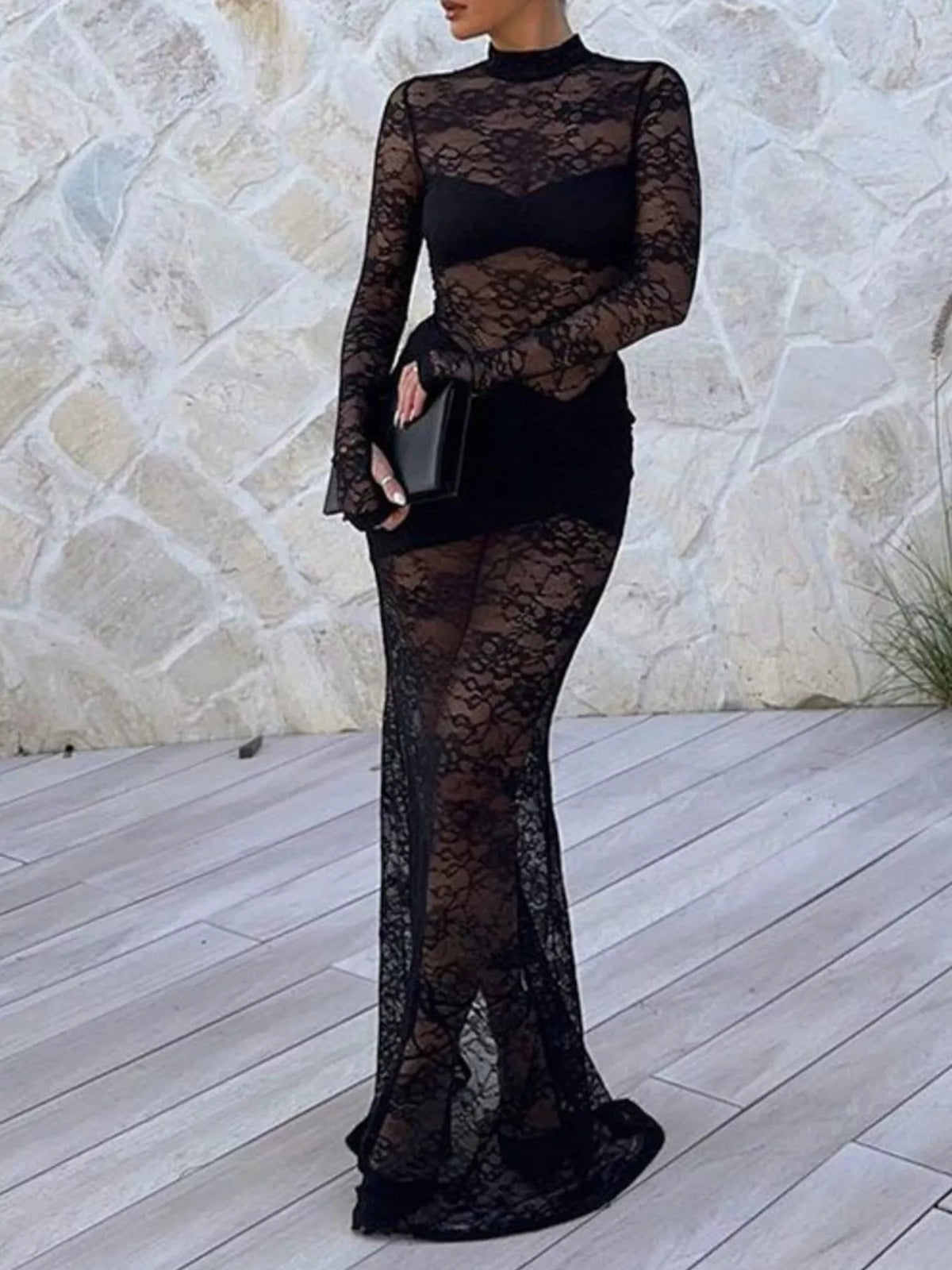 lace mock neck long sleeve maxi dress back view