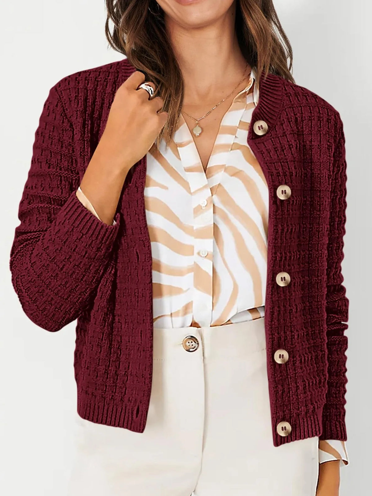 Textured knit button front cardigan, button detail