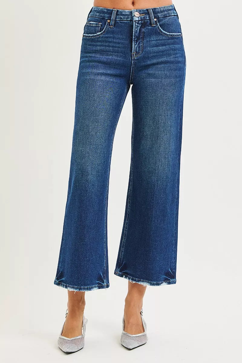 RISEN high rise crop wide leg jeans dark wash front