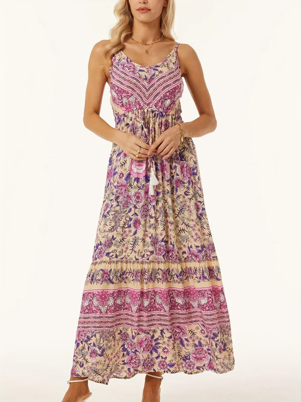 Printed Scoop Neck Midi Cami Dress Pink - Fashorio