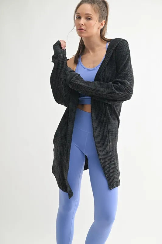 MONO B Chunky Waffle Mineral Wash Hooded Open Cardigan Black - Fashorio