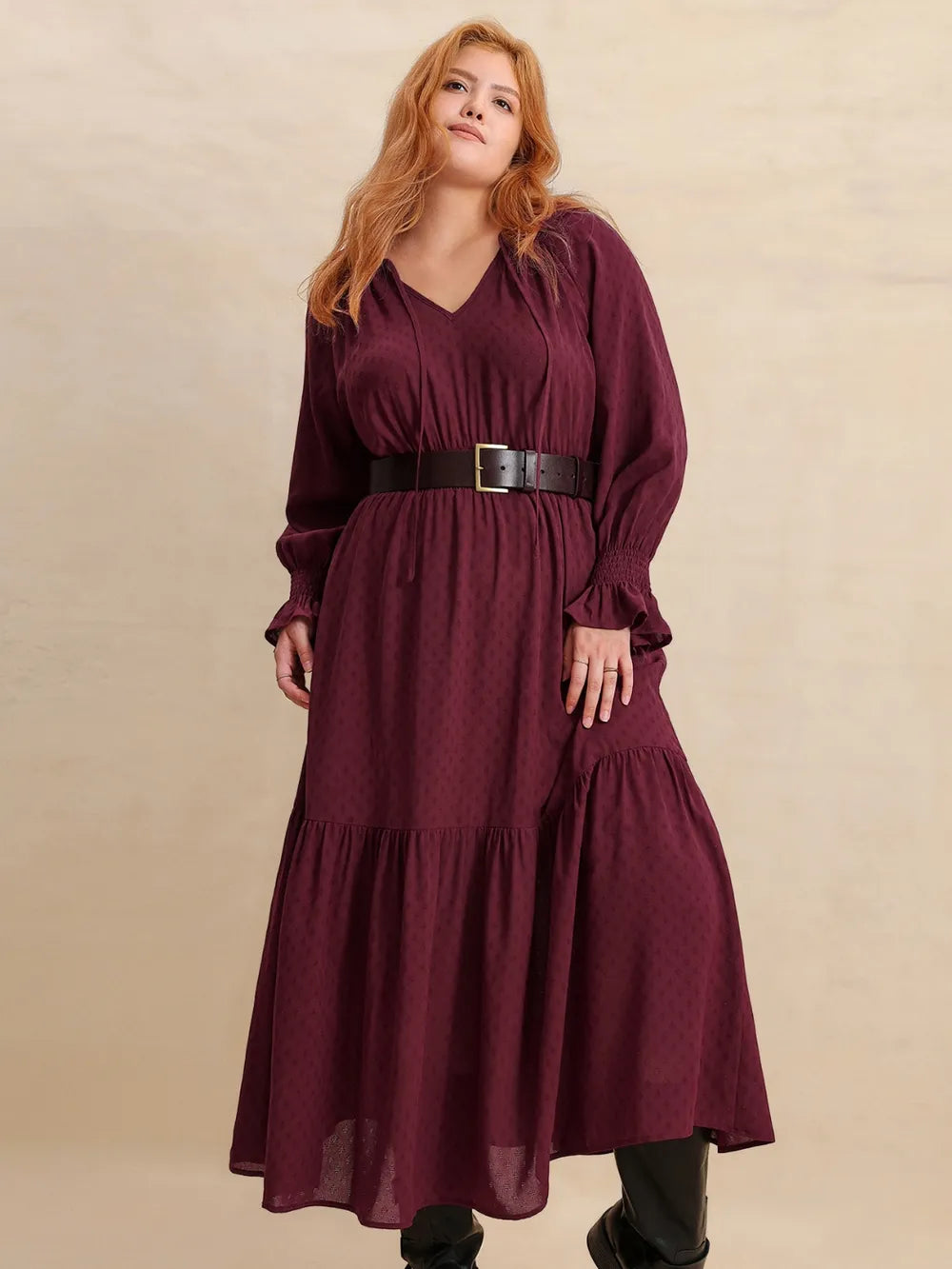 Swiss dot tie neck flounce maxi dress in burgundy back view