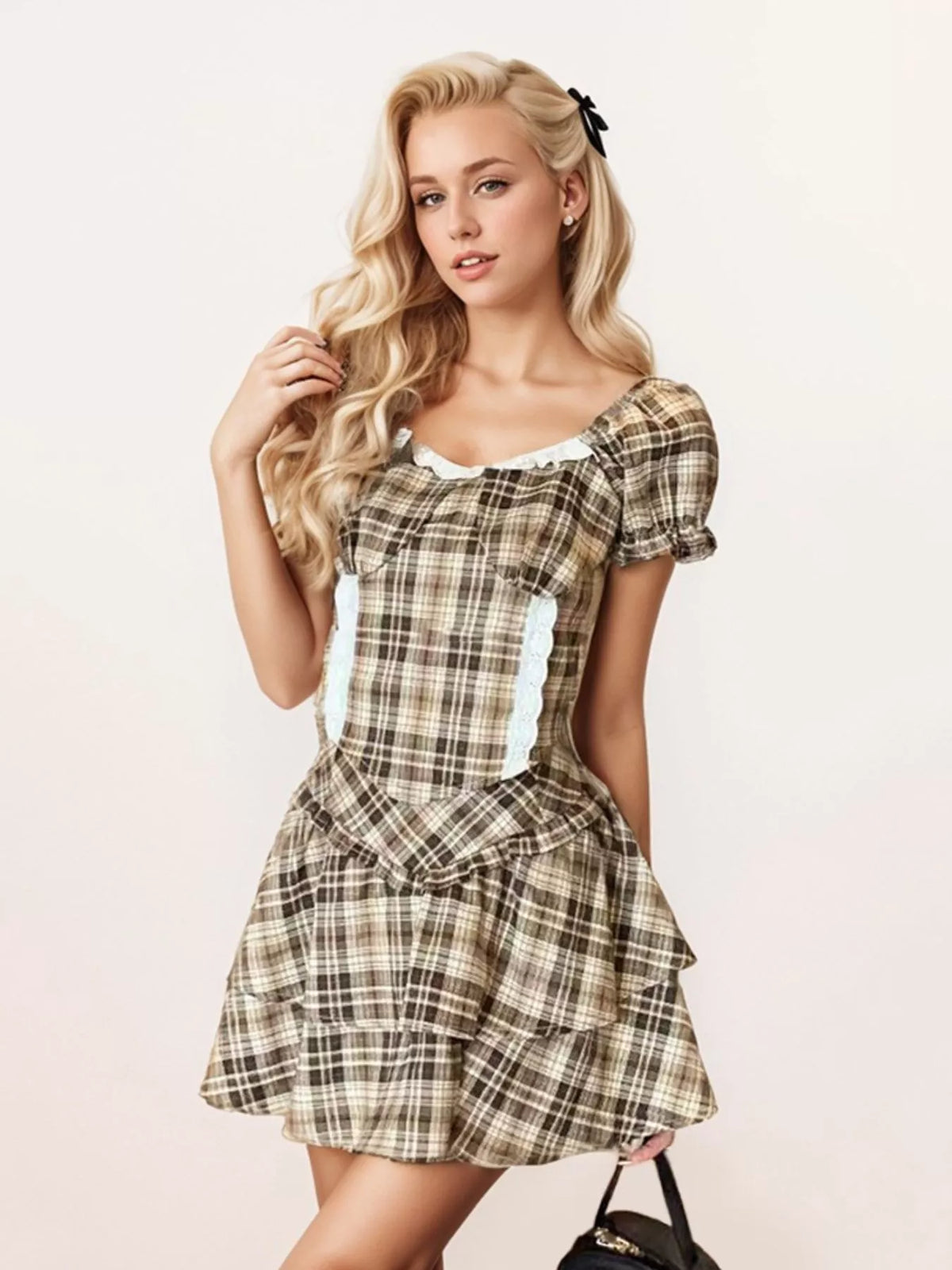 Plaid Puff Sleeve Top and Skirt Set, view 5