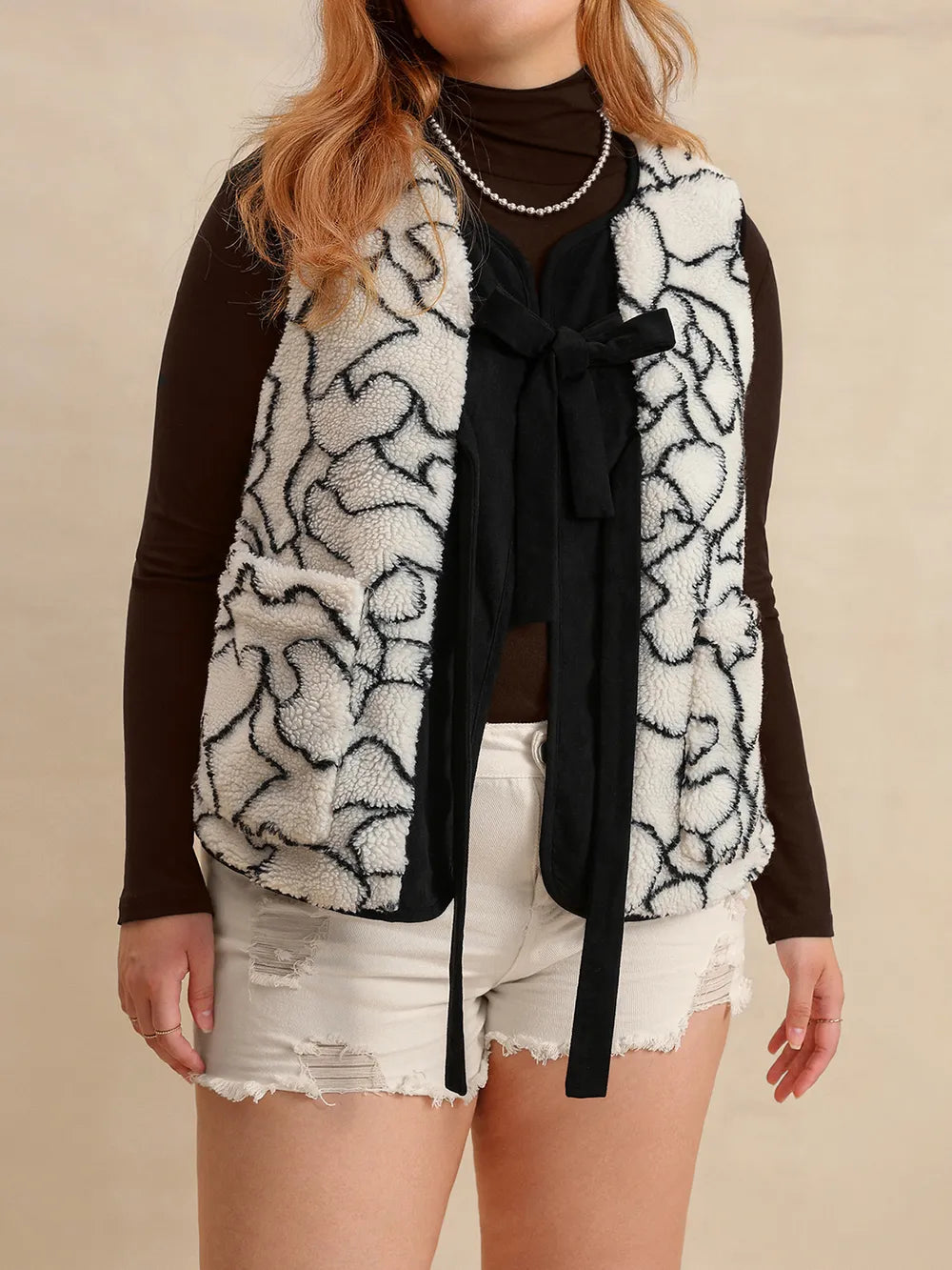 Plus Size Tied Sherpa Vest Coat with Pockets - Fashorio