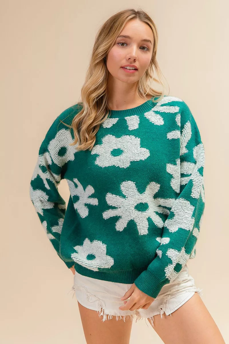 Floral Pattern Long Sleeve Sweater Top in Hunter Green view 7