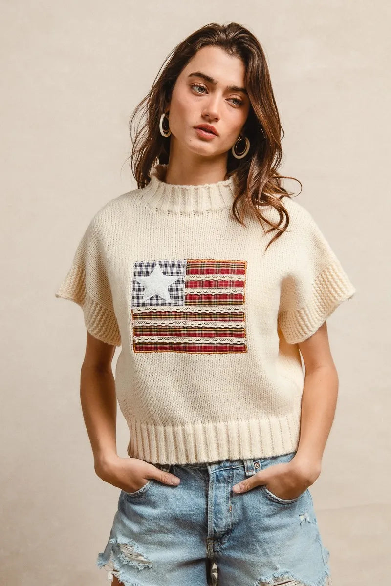 BiBi American Flag Patchwork Drop Shoulder Sweater - Fashorio