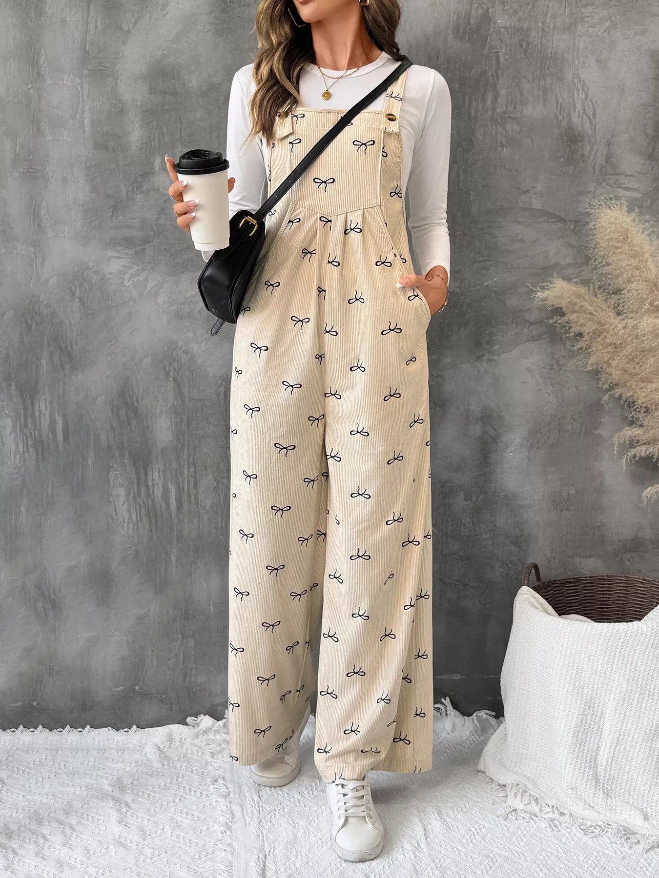 Bow Wide Leg Corduroy Overalls - Fashorio