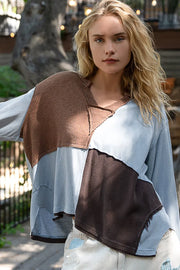 POL Color Block Notched Long Sleeve T-Shirt Light Blue - Fashorio