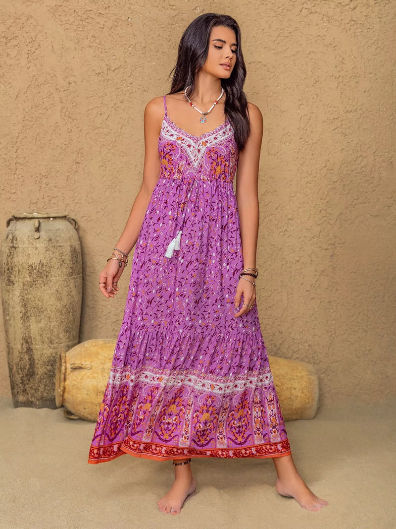 Tassel floral print cami maxi dress front view in purple