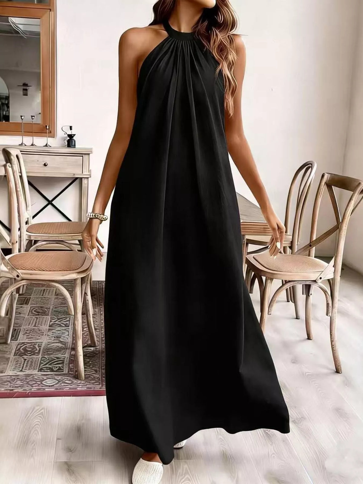 Halter neck ruched maxi dress back view
