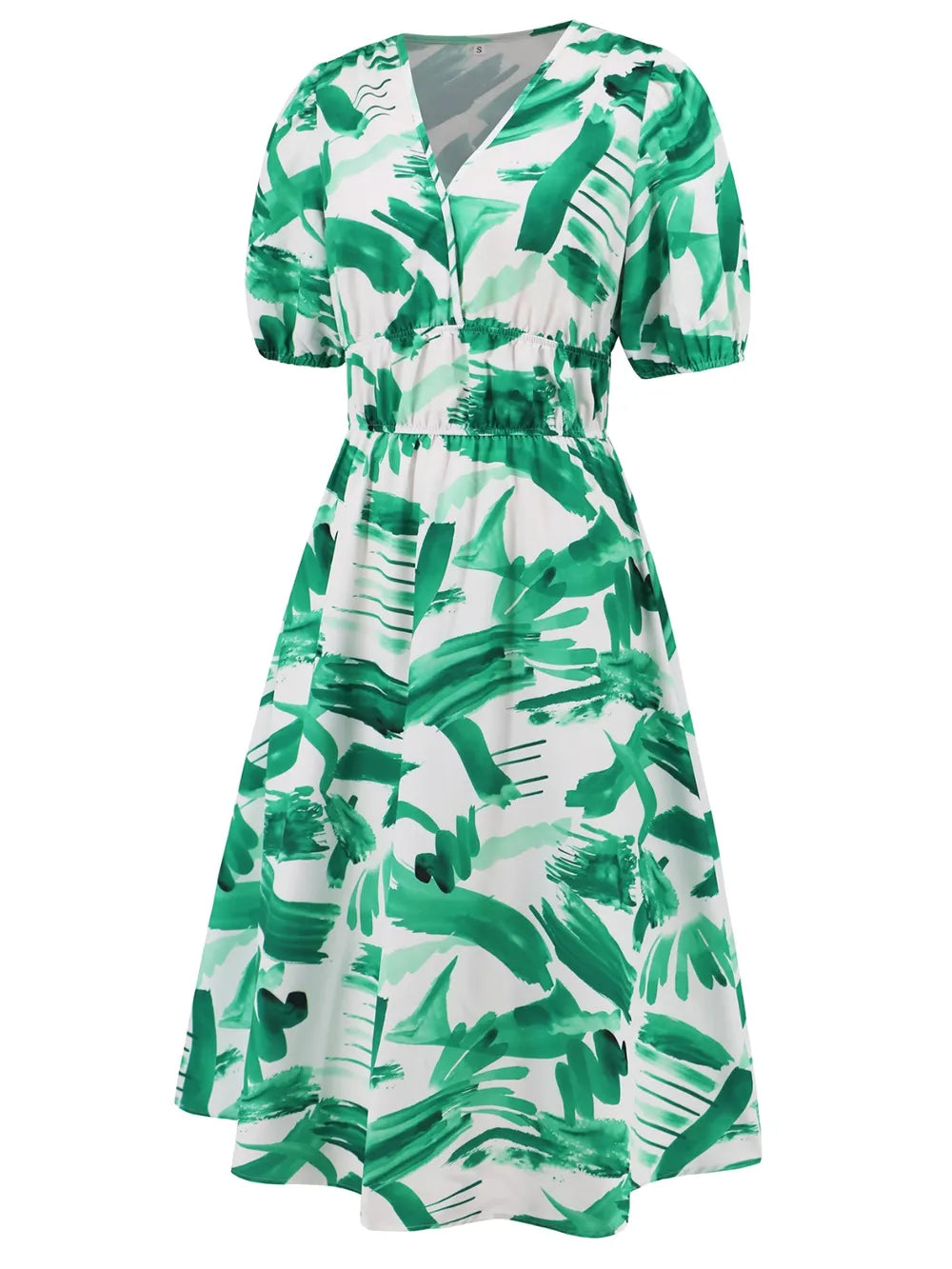 Ruched Printed Surplice Short Sleeve Dress - Fashorio