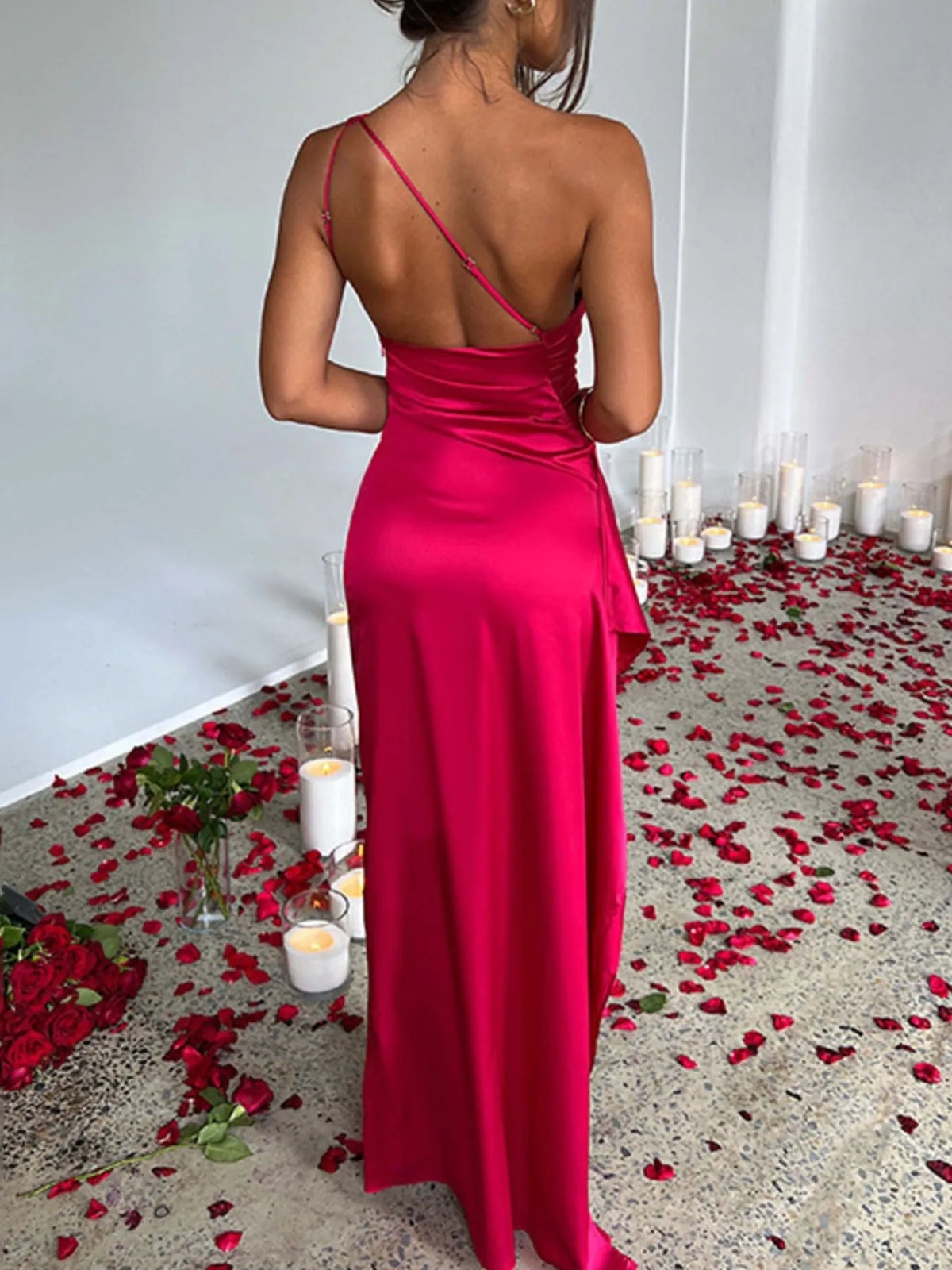 one shoulder satin dress with high slit hemline detail