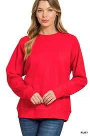 Zenana Fleece Round Neck Ribbed Side Raglan Sweatshirt RUBY - Fashorio