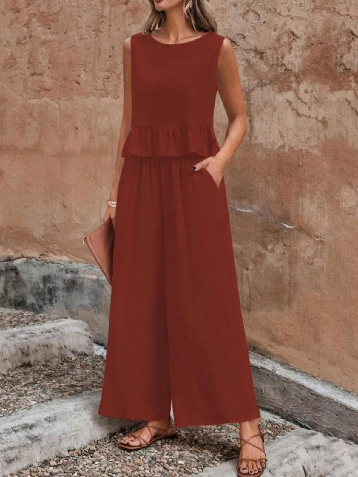 Sleeveless Ruffle Hem Top and Wide Leg Pants Set, view 18