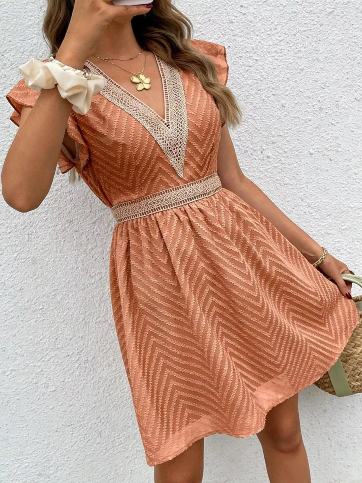 V neck ruffle sleeve mini dress, back view