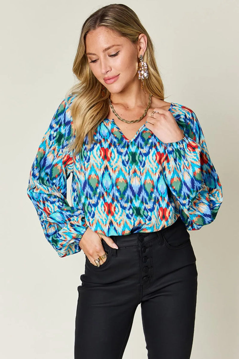 Printed balloon sleeve blouse front view
