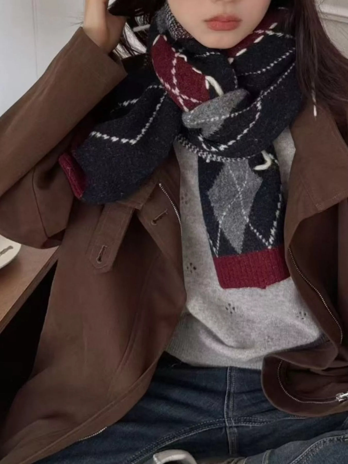Navy blue argyle scarf shown in full length
