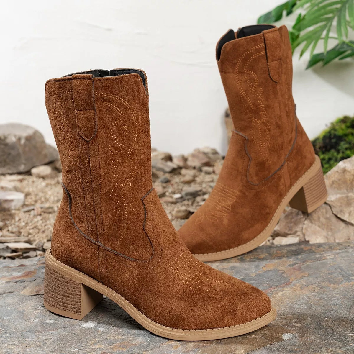 Suede Block Heel Western Boots back view