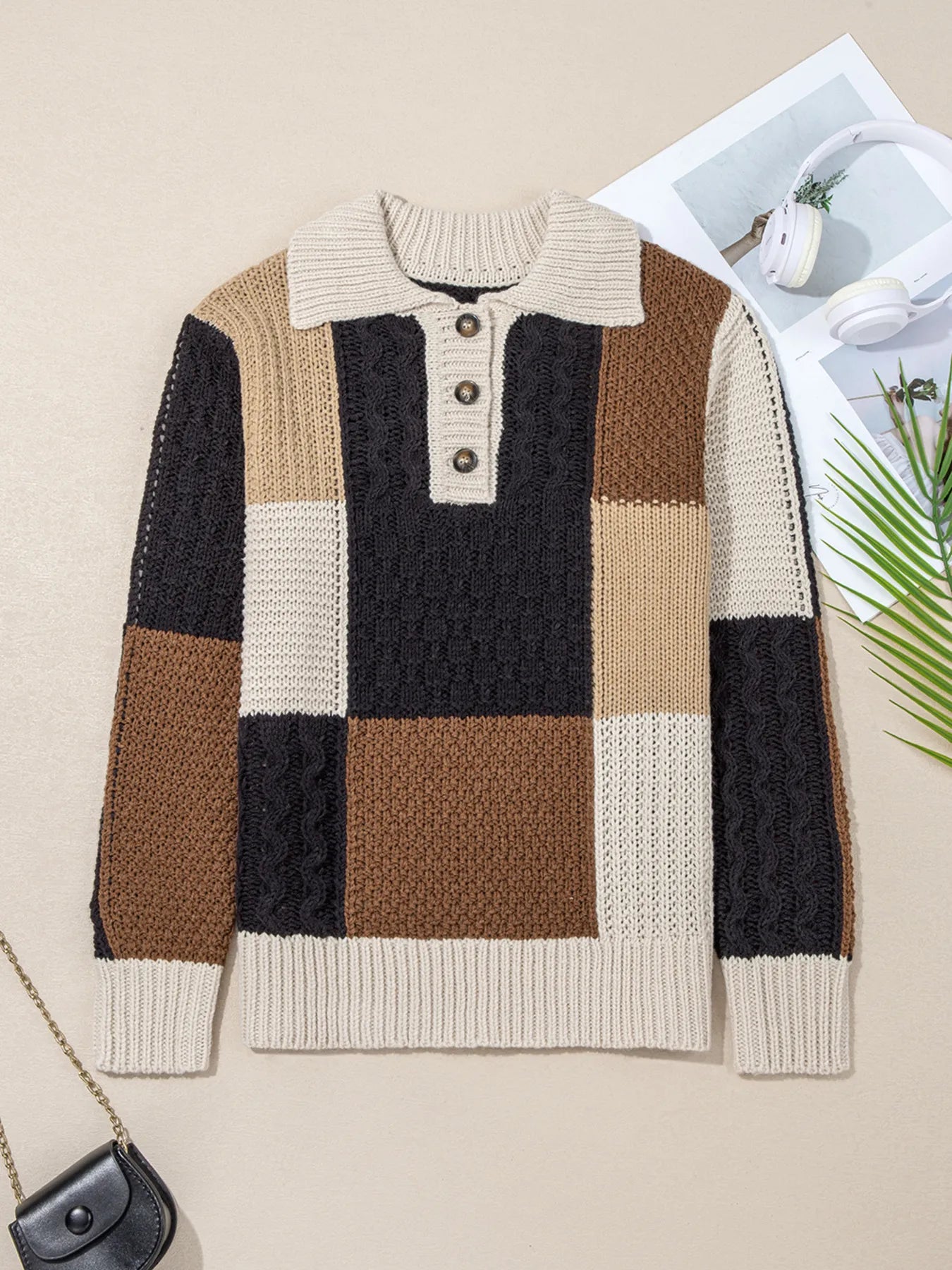Multicolour Color Block Cable Knit Sleeve Buttons Collared Sweater - Fashorio