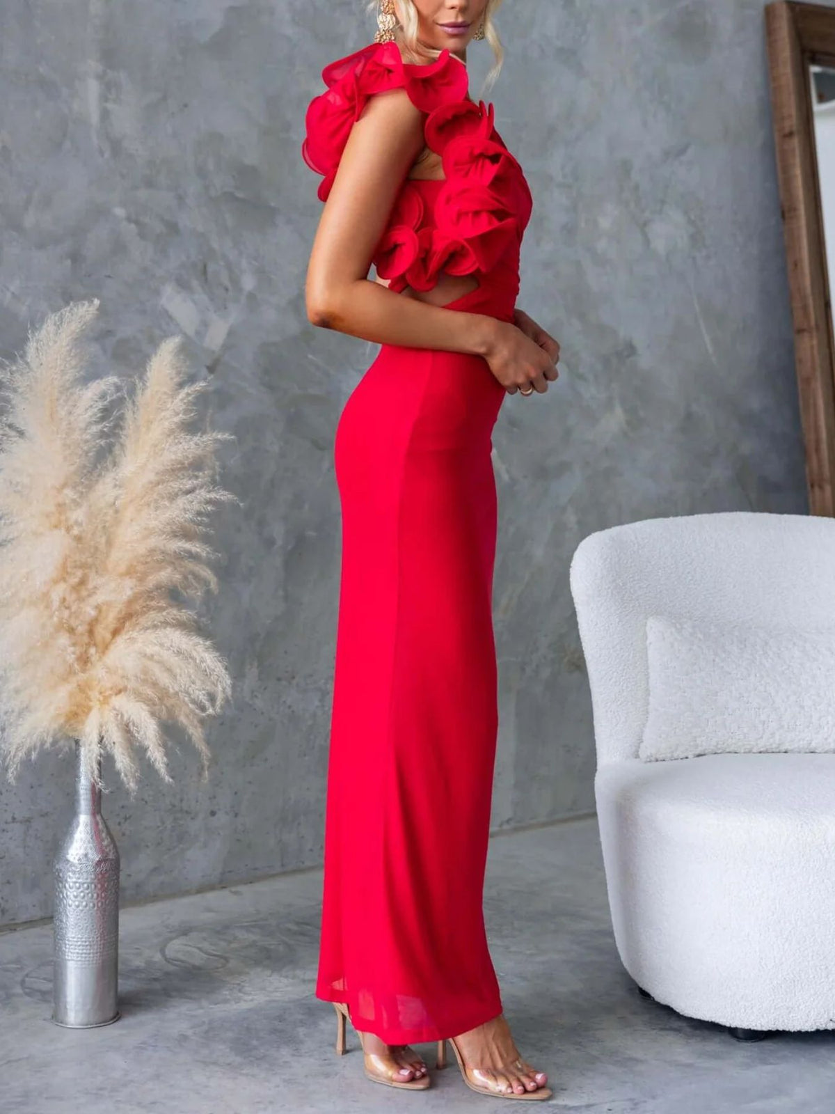 One shoulder floral trim sleeveless maxi dress side view