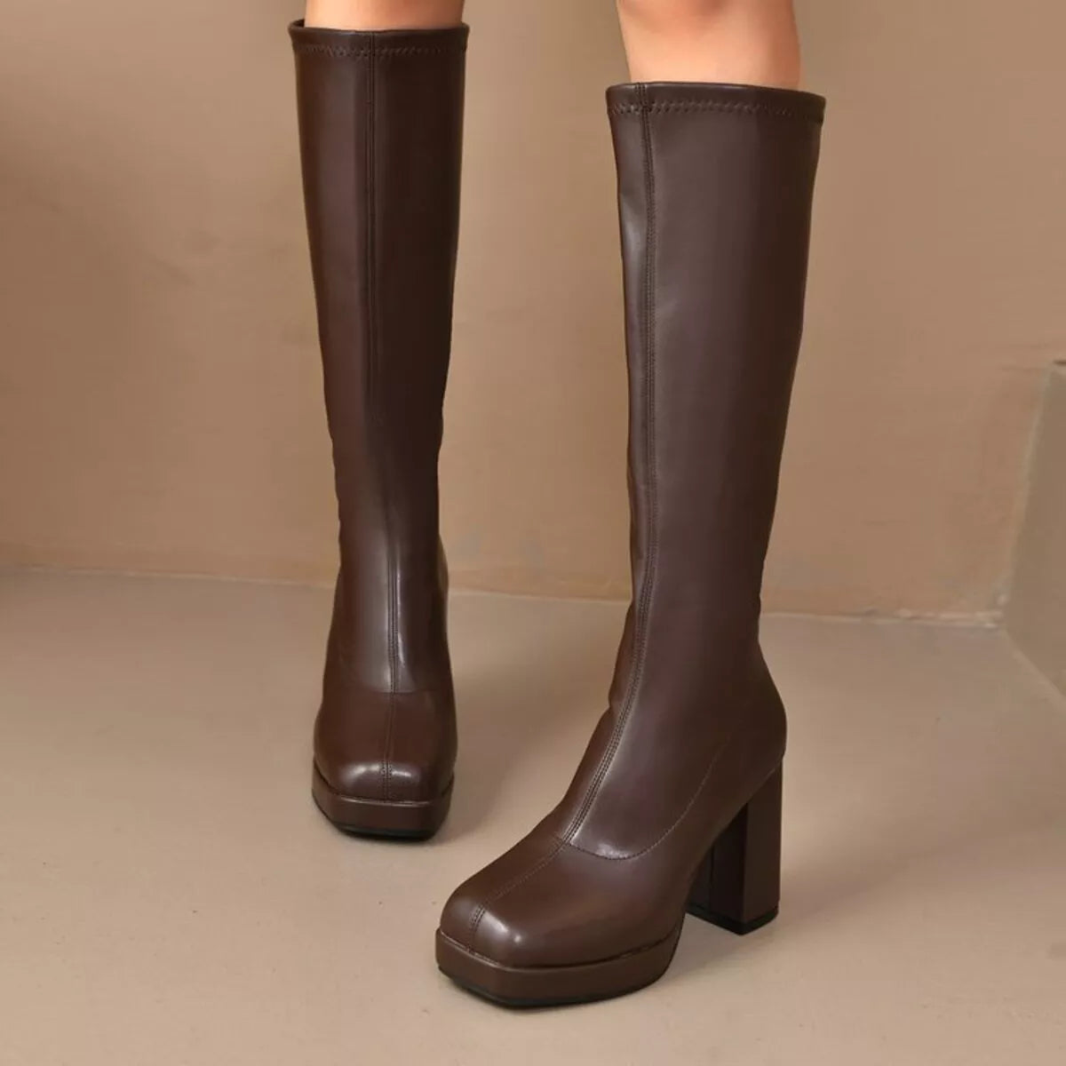 Brown square toe block heel boots side profile