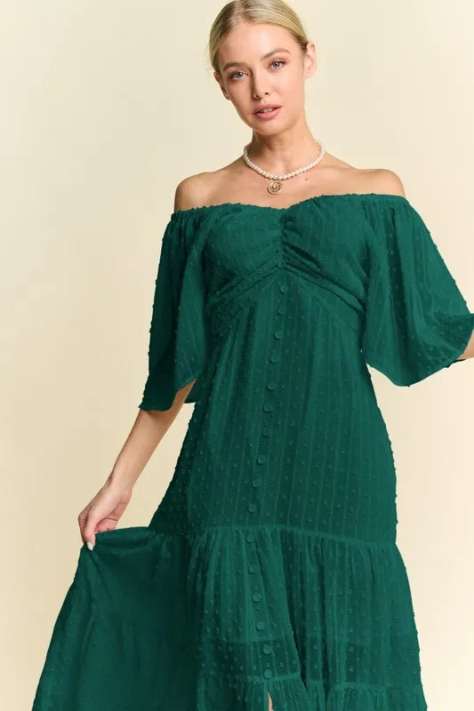 Swiss Dot Open Back Ruffle Midi Dress in Forest Green styled look