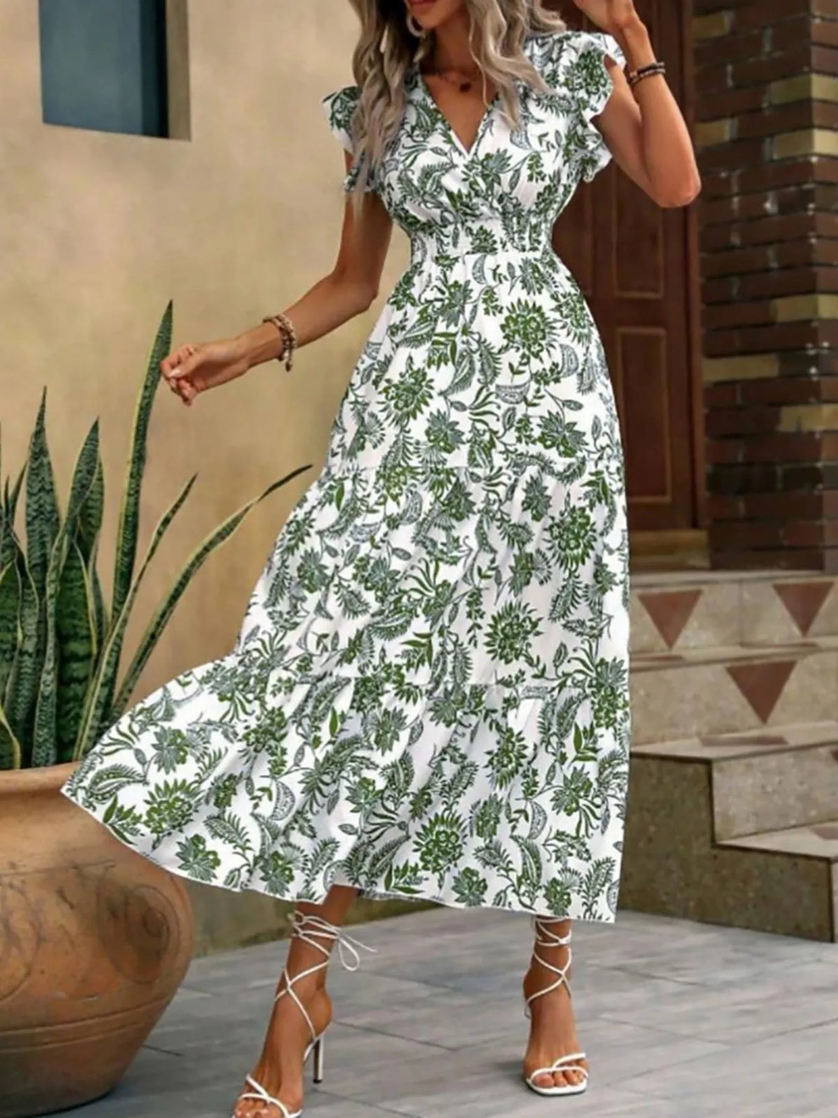 Floral print ruffle sleeve tiered midi dress styled view