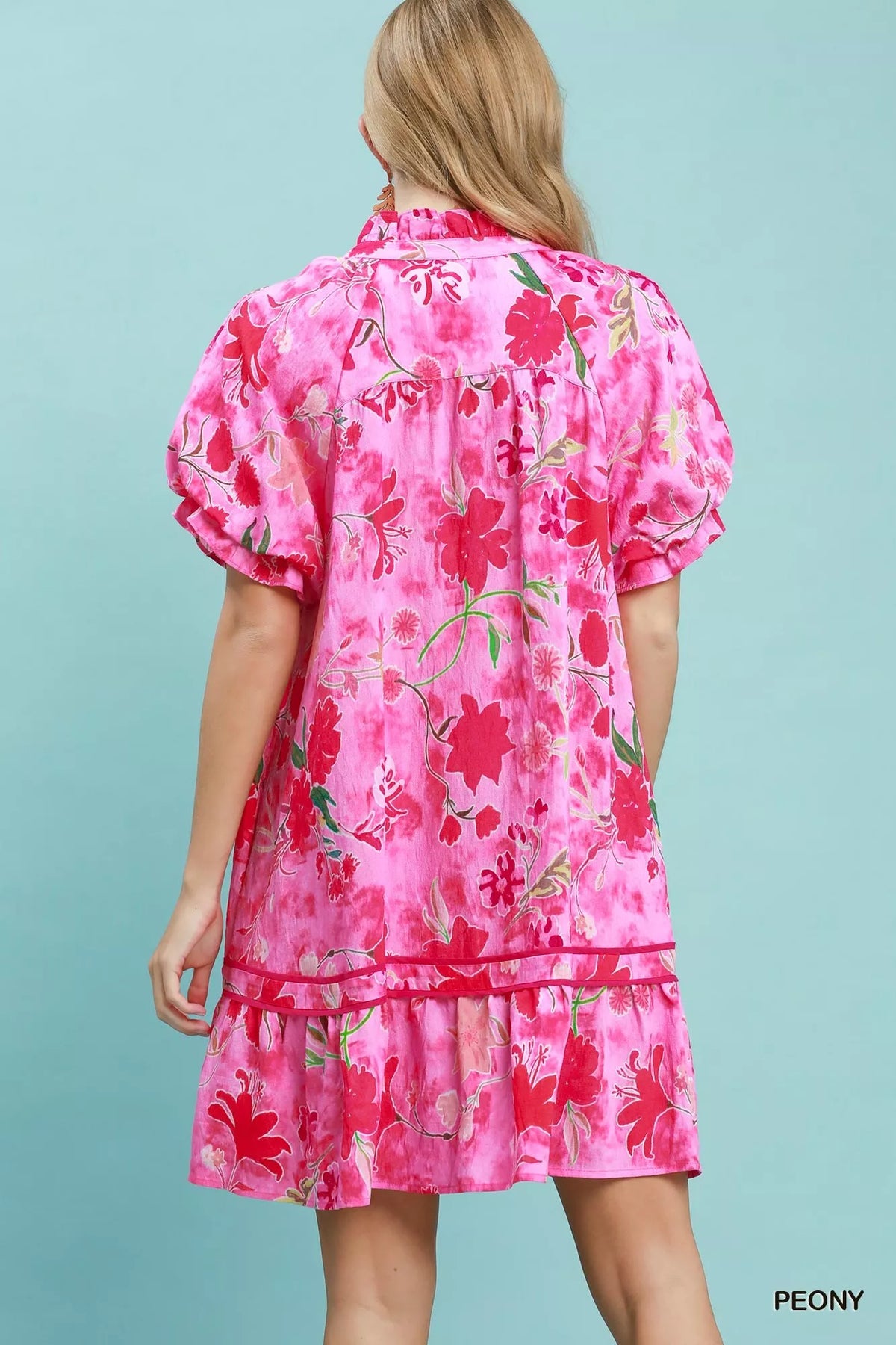 Peony floral ruffle hem mini dress side view