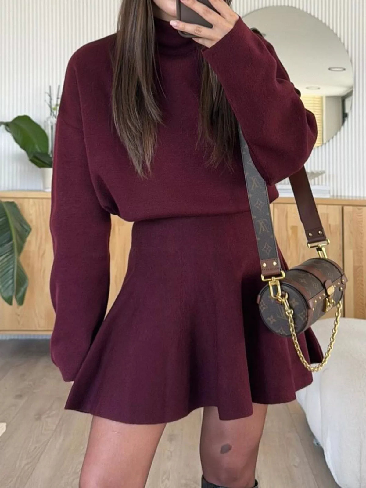 turtleneck sweater and knit skirt matching set back view