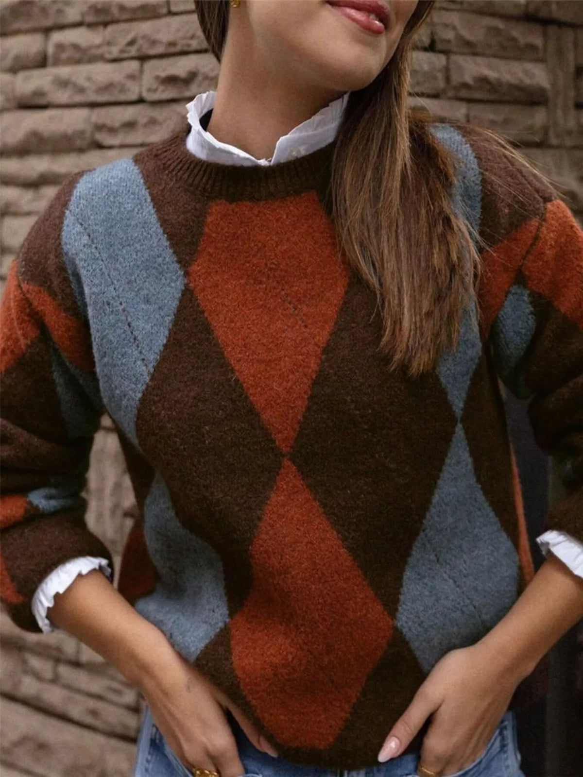 vintage argyle round neck sweater front view