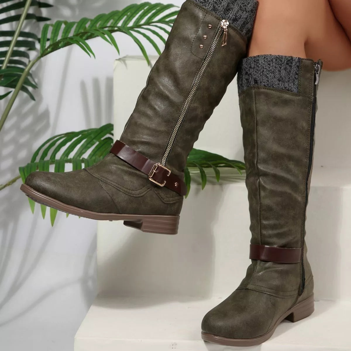 Brown round toe block heels boots upper texture detail