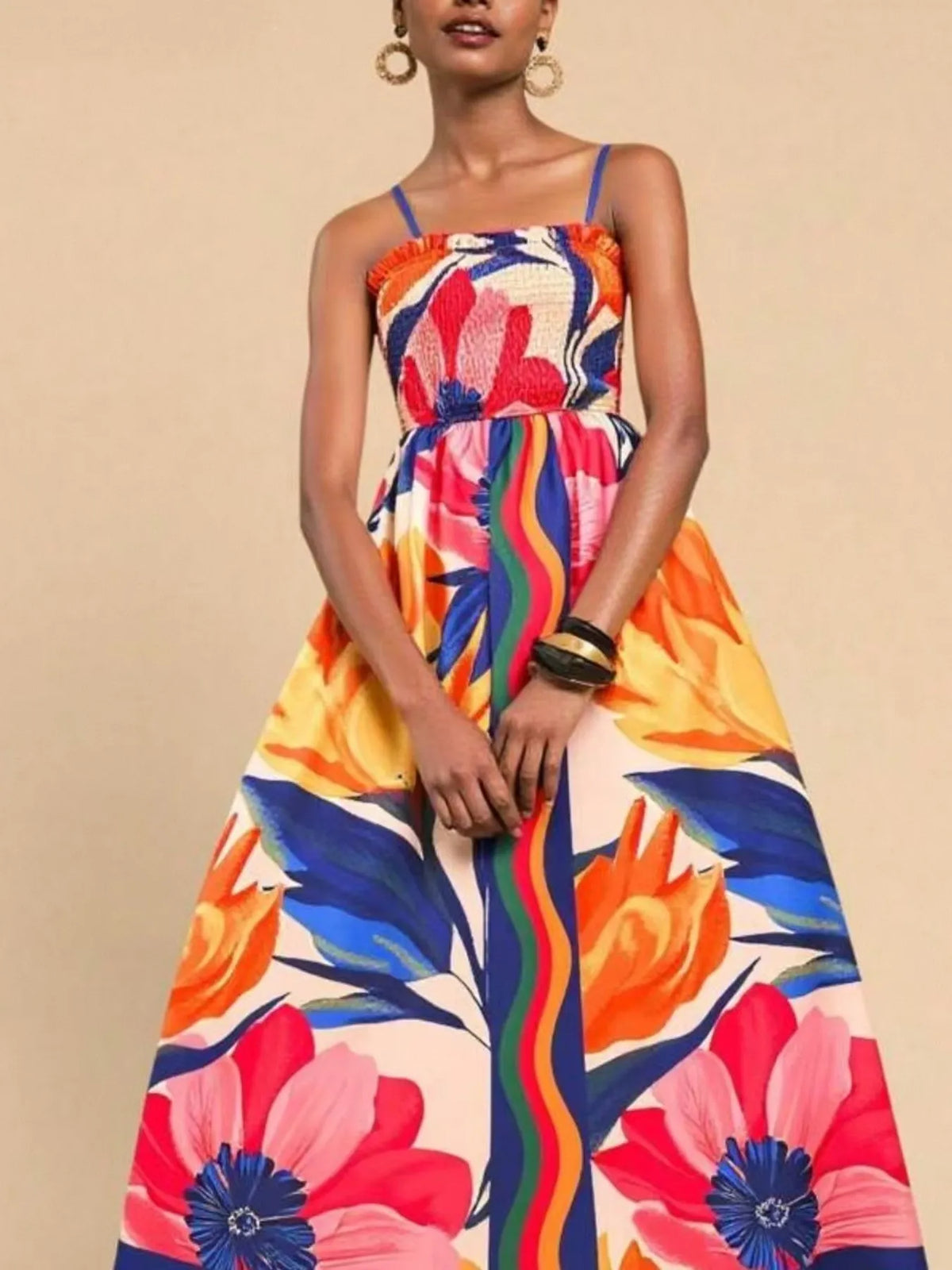 red and white smocked spaghetti strap printed maxi dress styled outfit view