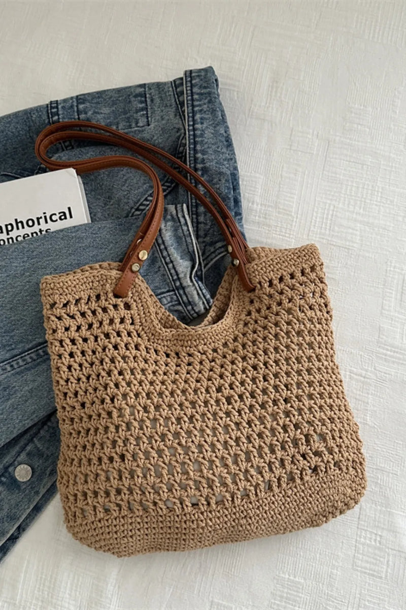 Openwork woven tote bag in camel