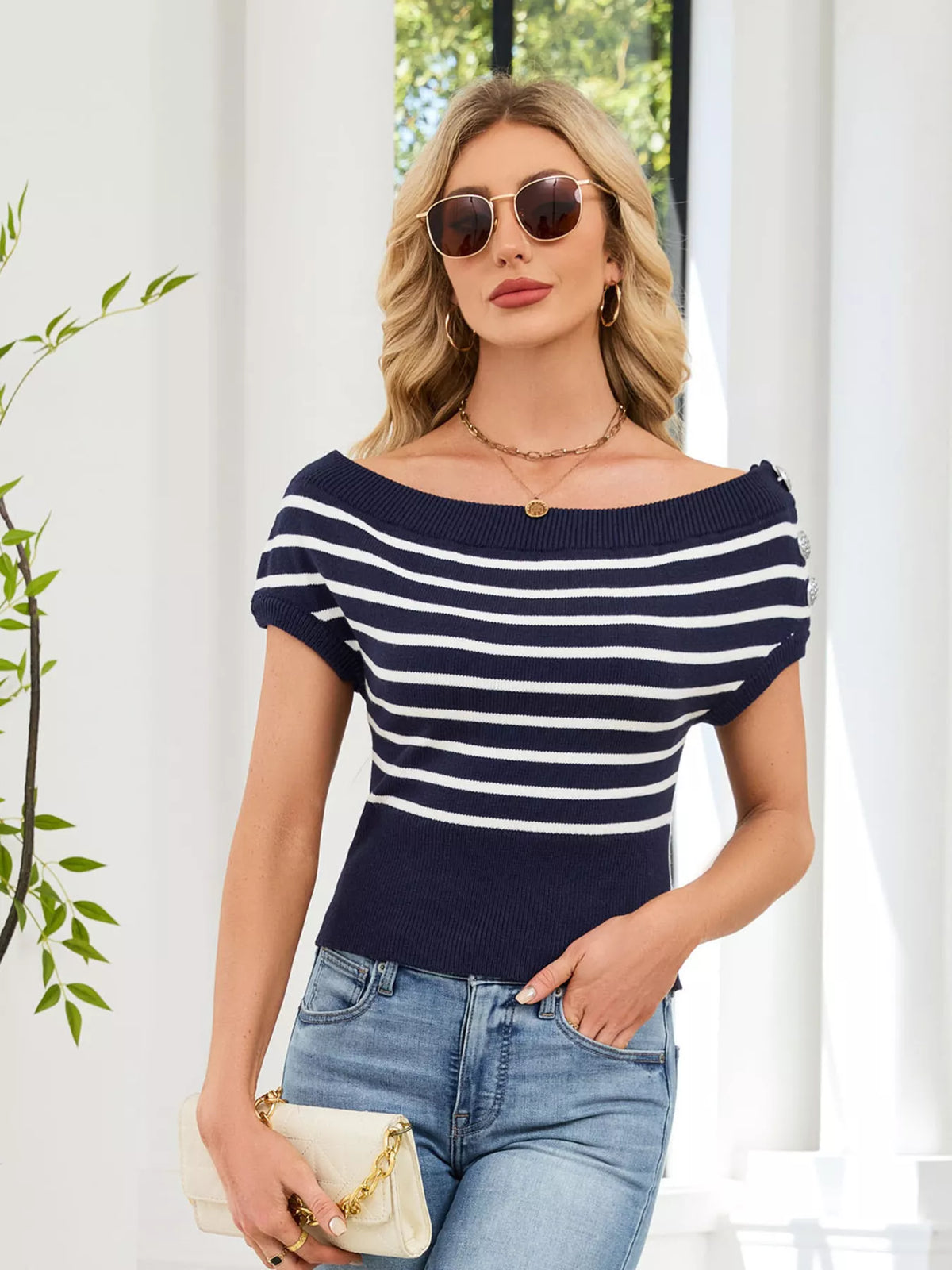 Striped knit short sleeve sweater side view