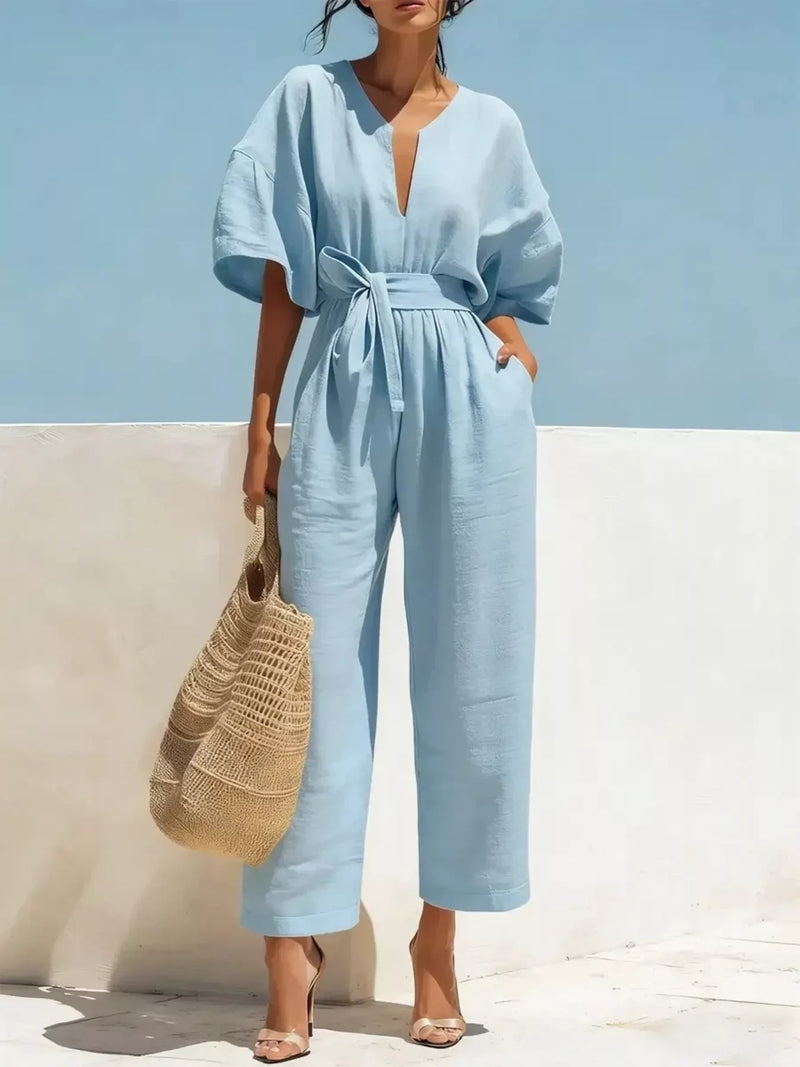 Belinda tie waist wide leg jumpsuit shown on a model