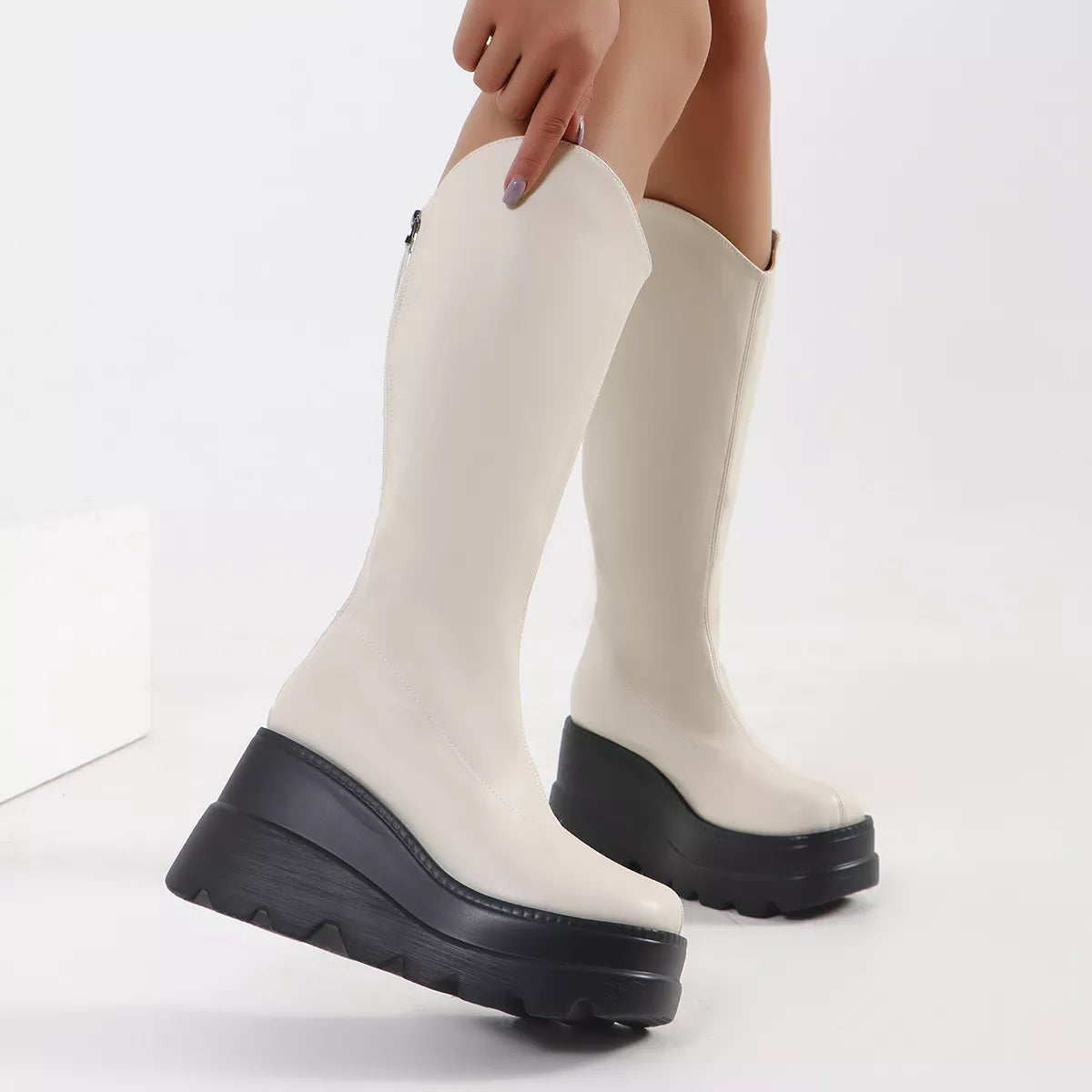 round toe platform wedge boots front view