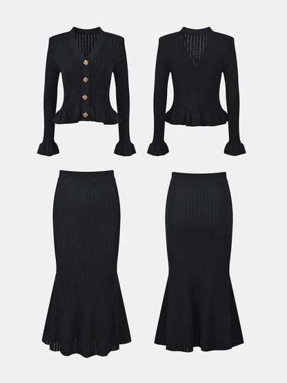 Ruffled V-Neck Top and Midi Skirt Sweater Set - Fashorio