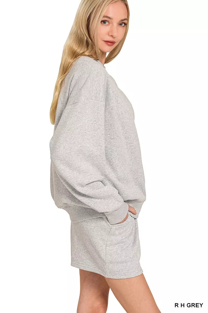 Zenana Fleece Long Sleeve Sweatshirts & Shorts Set - Fashorio