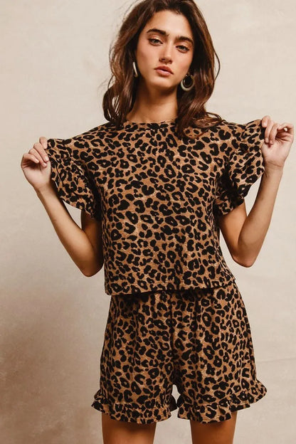 BiBi Leopard Print Waffle Texture Layered Ruffle Sleeve Top and Shorts Set - Fashorio