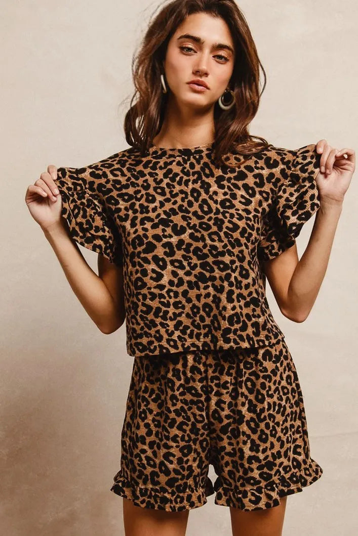 BiBi Leopard Print Waffle Texture Layered Ruffle Sleeve Top and Shorts Set - Fashorio