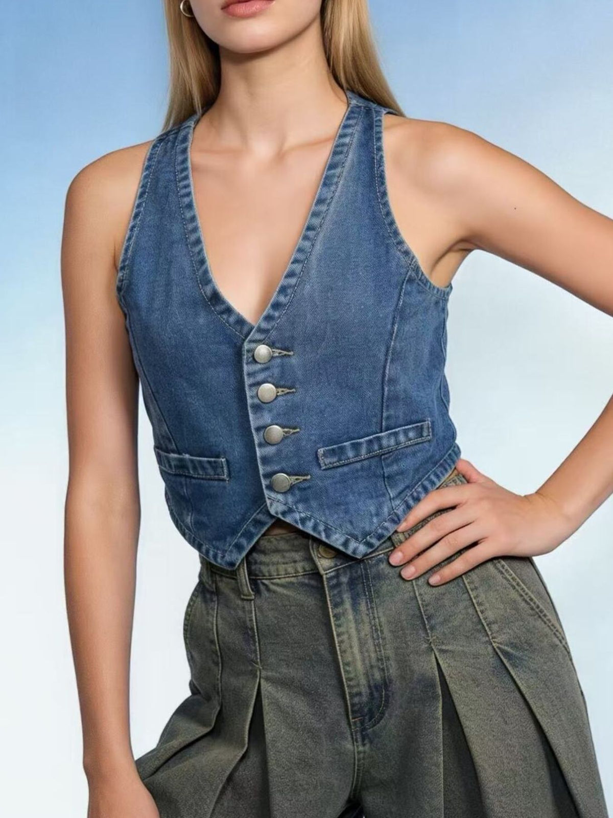 Button Down Denim Vest in Light Blue view 12
